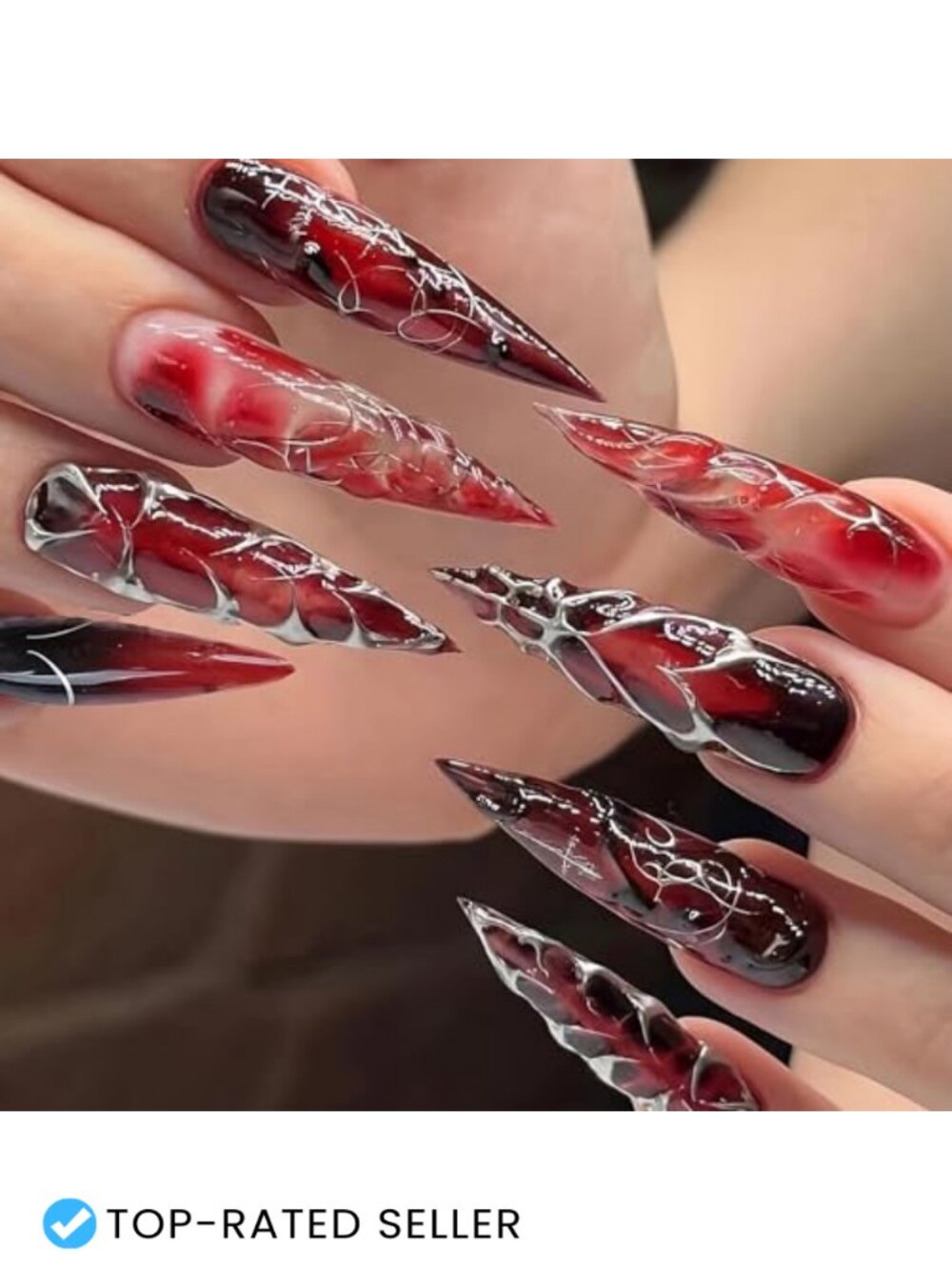 MISUD Press on Nails Long Stiletto Acrylic Gothic Design 24 pcs with Glue